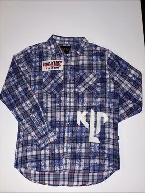 KLEEP Men's Blue Plaid Button-Down Shirt with White Graphic Size L